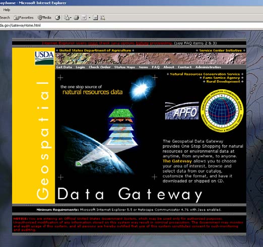 Screenshot of the NRCS/USDA Geospatial Data Gateway Website