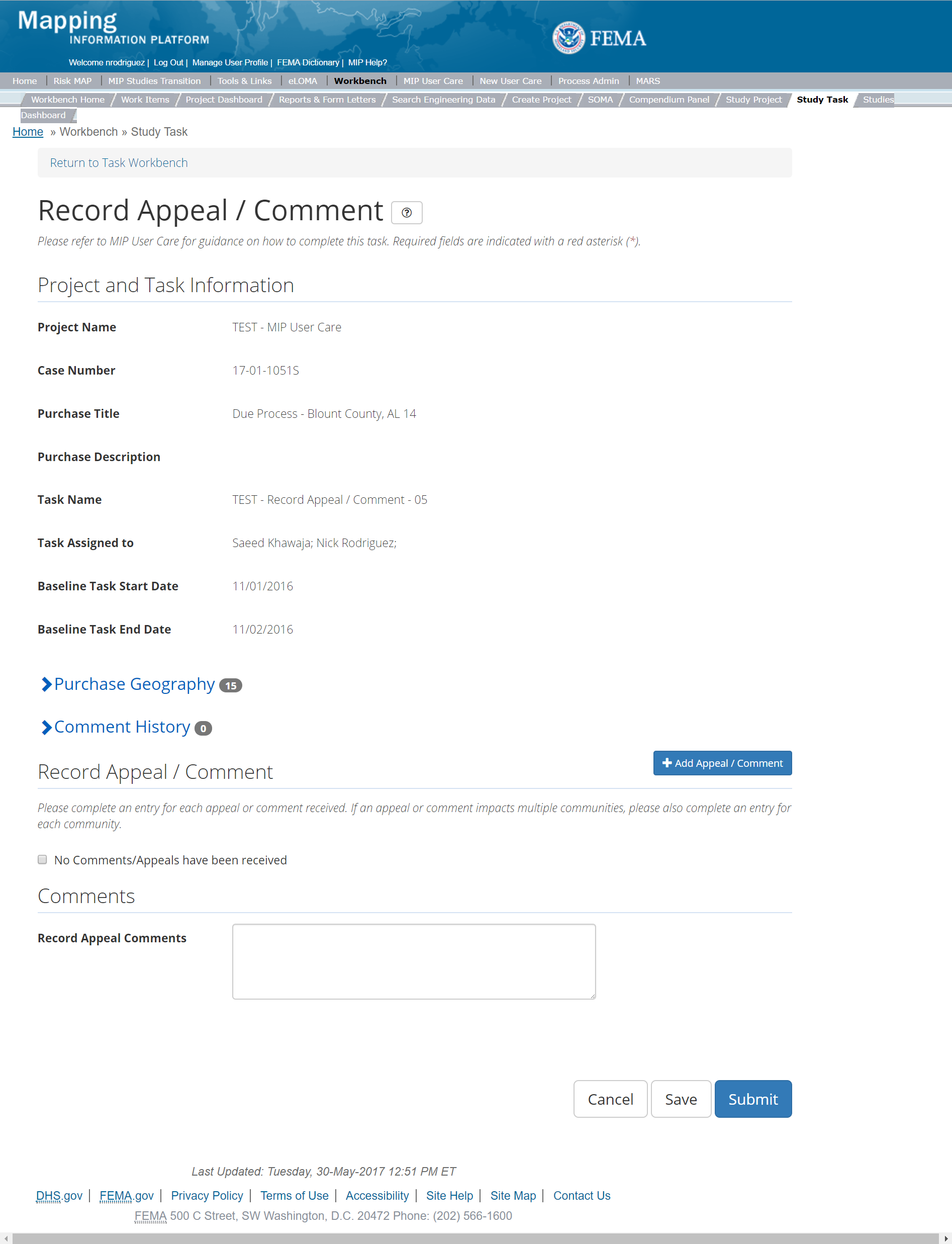 Record Appeal/Comment Task