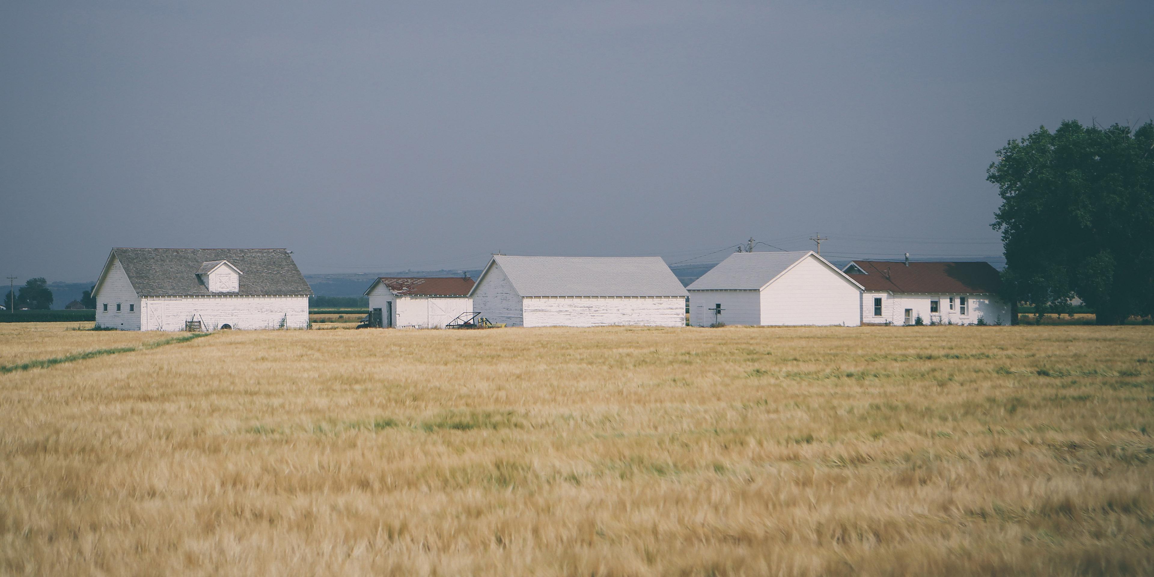 A landscape of a farm with multiple structures.