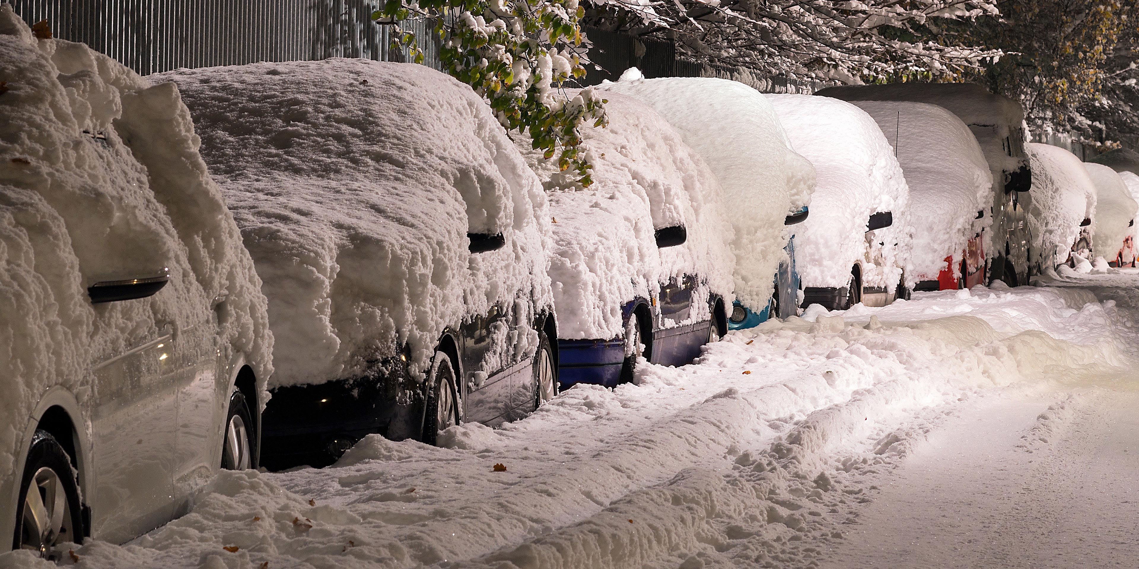 Parked cars covered in snow