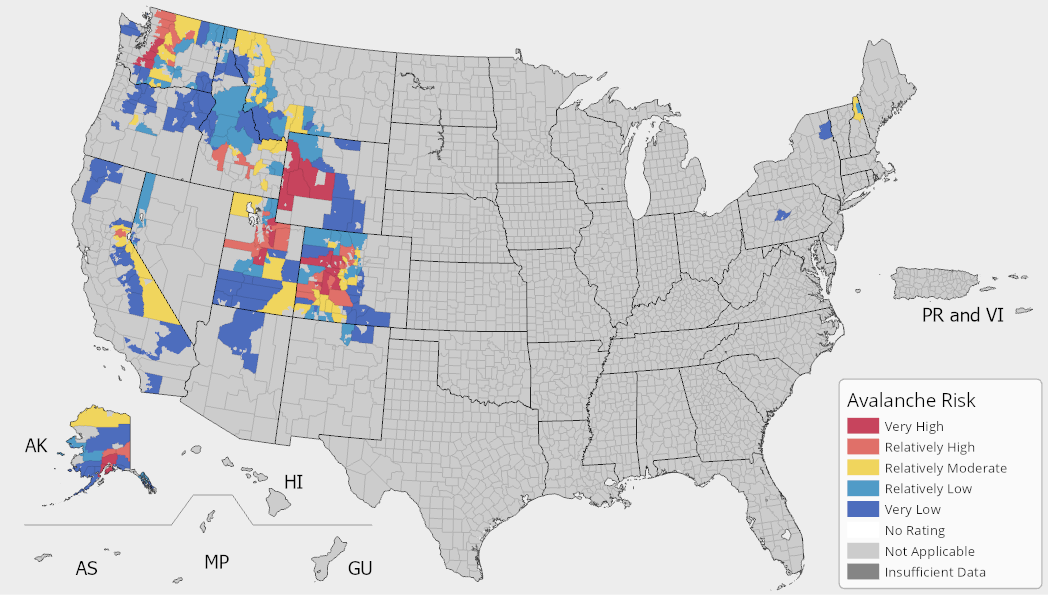 A map of the United States colored by Avalanche Risk Index ratings. Avalanche risk is concentrated along the Rocky Mountains, Sierra Nevada Mountains, Cascade Mountains, Brooks Range, and Alaska Range. For full results, see the National Risk Index Map webpage.