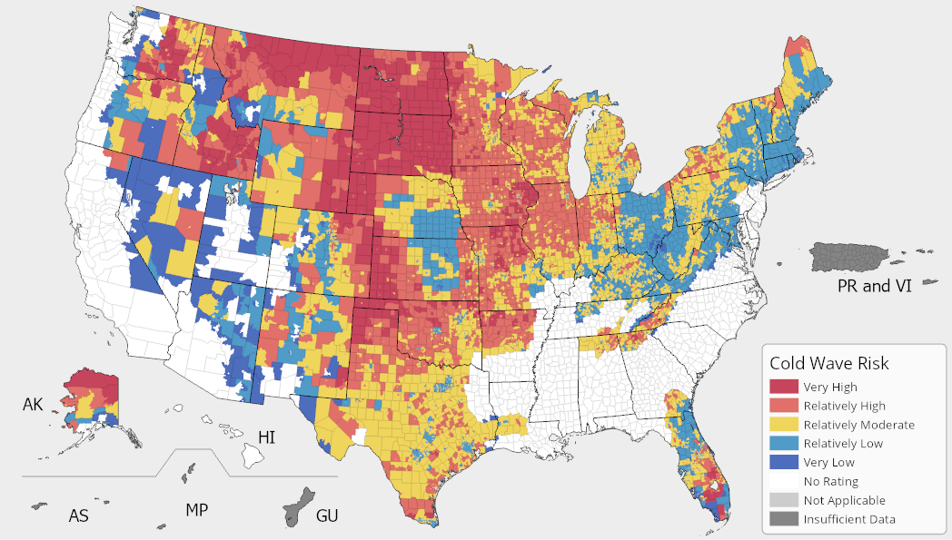 A map of the United States colored by Cold Wave Risk Index ratings. Cold Wave risk is prevalent in most of the northern half of the United States, and is most likely in the northern Midwest, northwest Maine, northern New Hampshire, northern Vermont, northwestern New York, northern Alaska, southeast Idaho, north central and eastern Montana, eastern Wyoming, eastern Washington, and eastern Oregon. For full results, see the National Risk Index Map webpage.