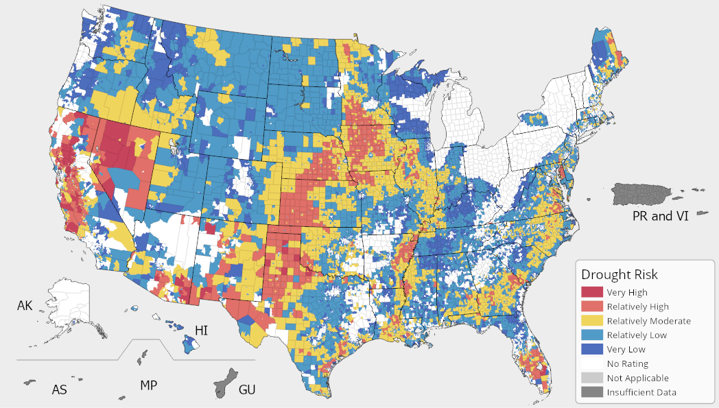 A map of the United States colored by Drought Risk Index ratings. Drought risk is possible across the United States except the Great Lakes region. Drought is most prevalent in western Kansas, northwestern Texas, western Oklahoma, eastern New Mexico, eastern Arizona, northern Nevada, and central and northern California. For full results, see the National Risk Index Map webpage.