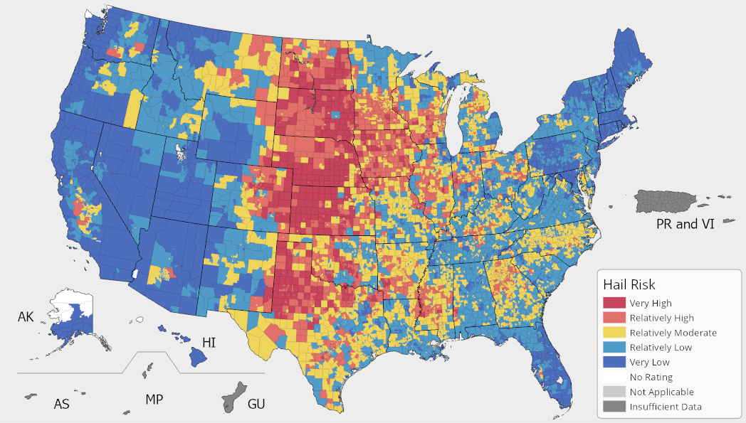 A map of the United States colored by Hail Risk Index ratings. Hail risk is possible across the United States and is most prevalent in the Midwest from North Dakota to Texas. For full results, see the National Risk Index Map webpage.