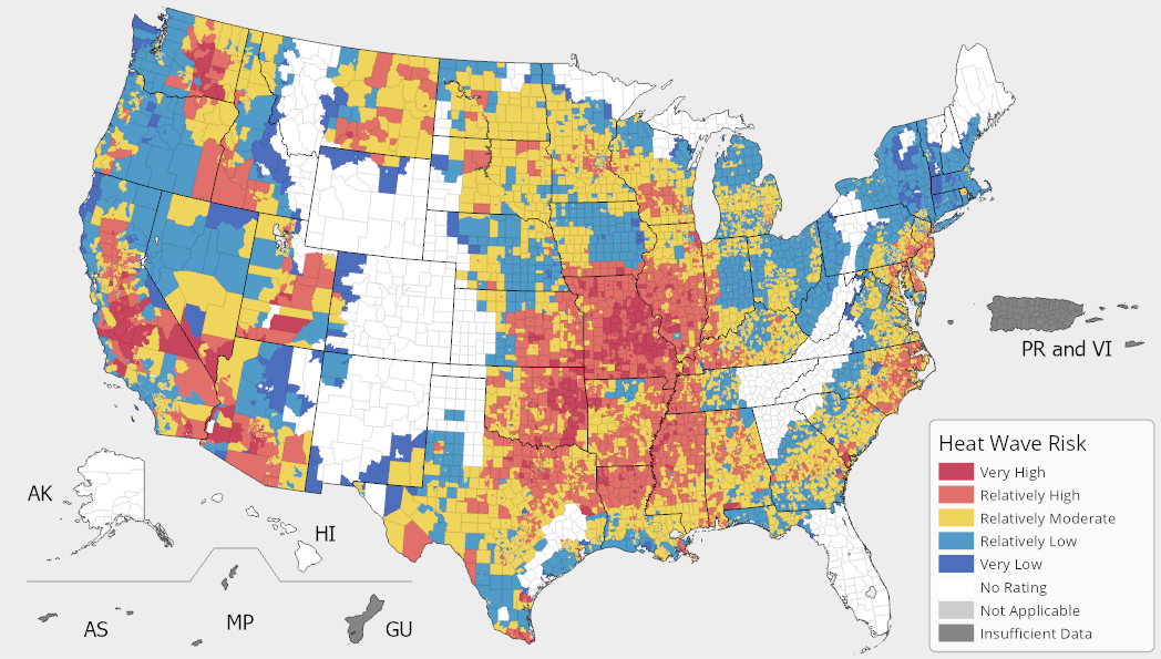 A map of the United States colored by Heat Wave Risk Index ratings. Heat Wave risk is possible in most non-mountainous terrain, and is most prevalent in eastern Oklahoma, eastern Arkansas, Missouri, southern Illinois, Mississippi, southeastern Kansas, northern Louisiana, southern Arizona, central and southern California, and along the coast in North Carolina. For full results, see the National Risk Index Map webpage.