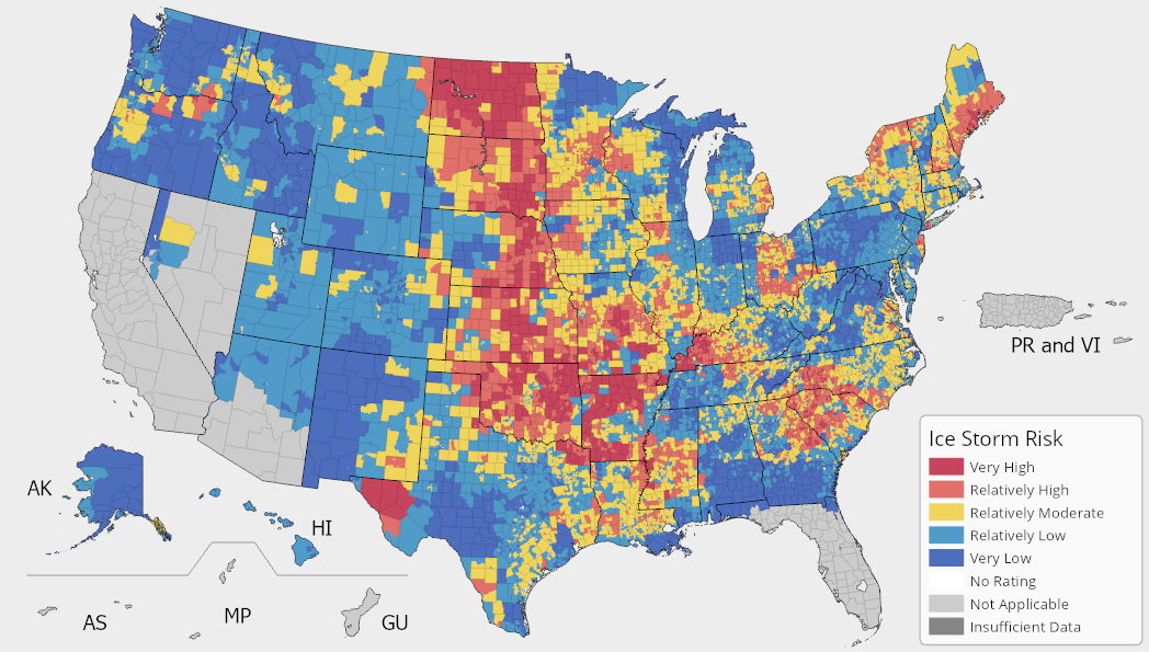 A map of the United States colored by Ice Storm Risk Index ratings. Ice Storm risk is possible across the United States, and is most prevalent in northern and western Arkansas, Oklahoma, central Kansas, central Missouri, eastern Nebraska, North Dakota, South Dakota, southern Maine, southern New Hampshire, northern New York, and western North and South Carolina. For full results, see the National Risk Index Map webpage.