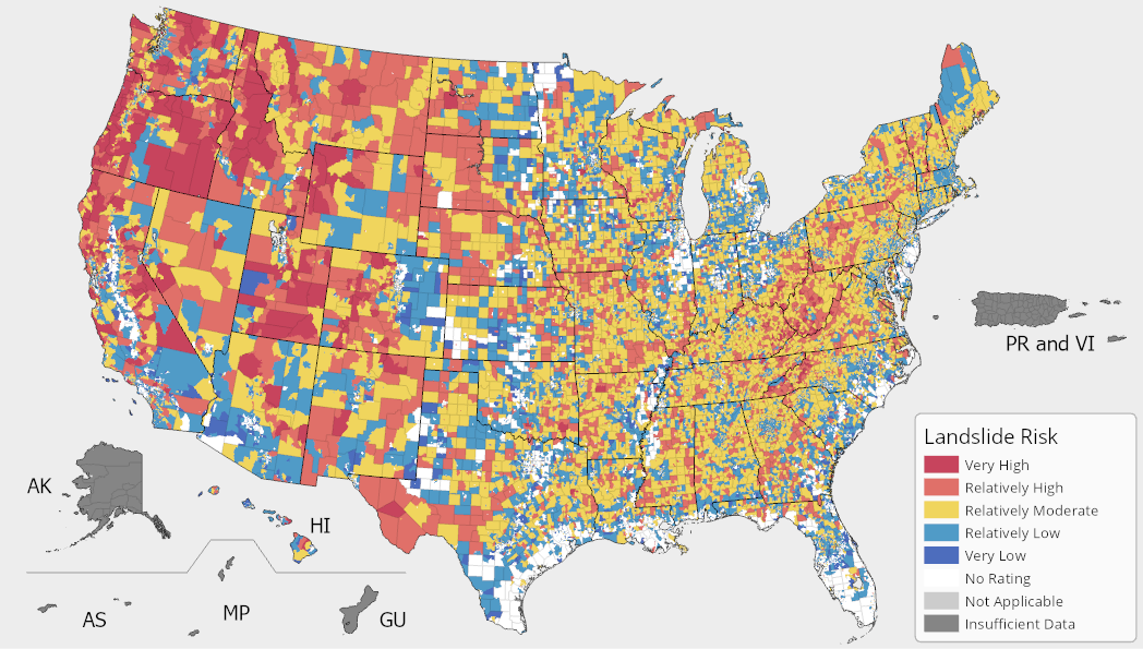 A map of the United States colored by Landslide Risk Index ratings. Landslide risk is possible and prevalent across the United States with concentrated risk in Oregon and Idaho. For full results, see the National Risk Index Map webpage.