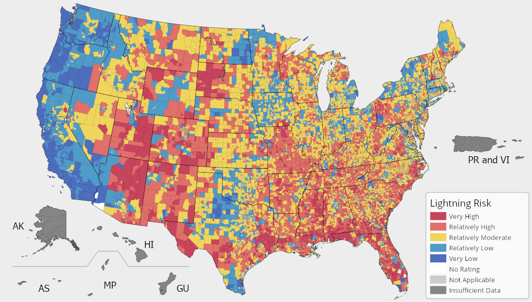 A map of the United States colored by Lightning Risk Index ratings. Lightning risk is possible and prevalent across the United States with lower risk along the West Coast. For full results, see the National Risk Index Map webpage.