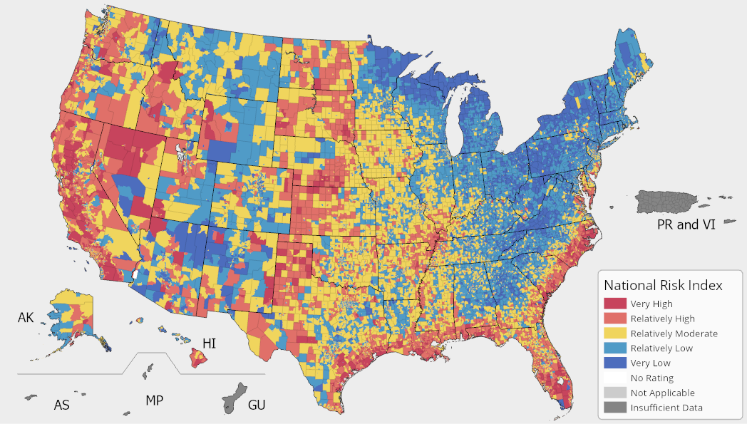 A map of the United States colored by composite Risk Index ratings. For full results, see the National Risk Index Map webpage.