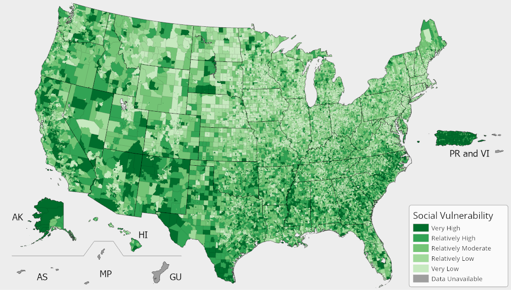 A map of the United States colored by Social Vulnerability ratings. For full results, see the National Risk Index Map webpage.