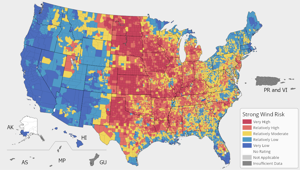 A map of the United States colored by Strong Wind Risk Index ratings. Strong Wind risk is possible and prevalent across the United States with concentrated risk in the Midwest. For full results, see the National Risk Index Map webpage.