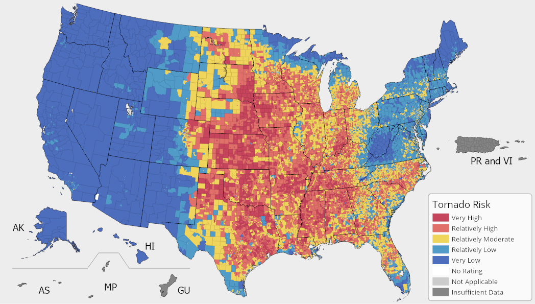 A map of the United States colored by Tornado Risk Index ratings. Tornado risk is possible across the United States and is most prevalent in the Midwest and southeast. For full results, see the National Risk Index Map webpage.