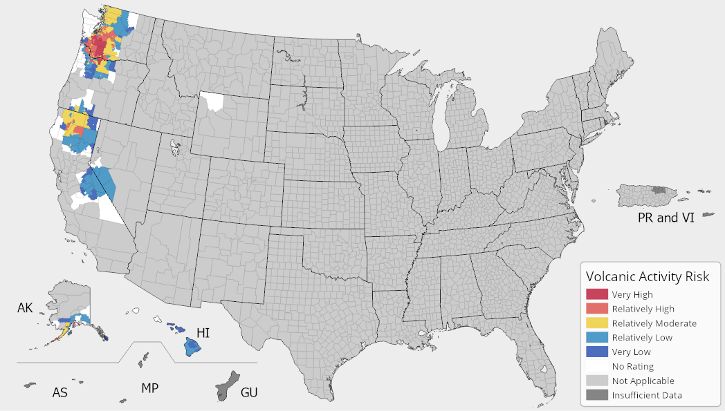 A map of the United States colored by Volcanic Activity Risk Index ratings. Volcanic Activity risk is prevalent in Hawaii, Washington, Oregon, California, and Alaska. For full results, see the National Risk Index Map webpage.