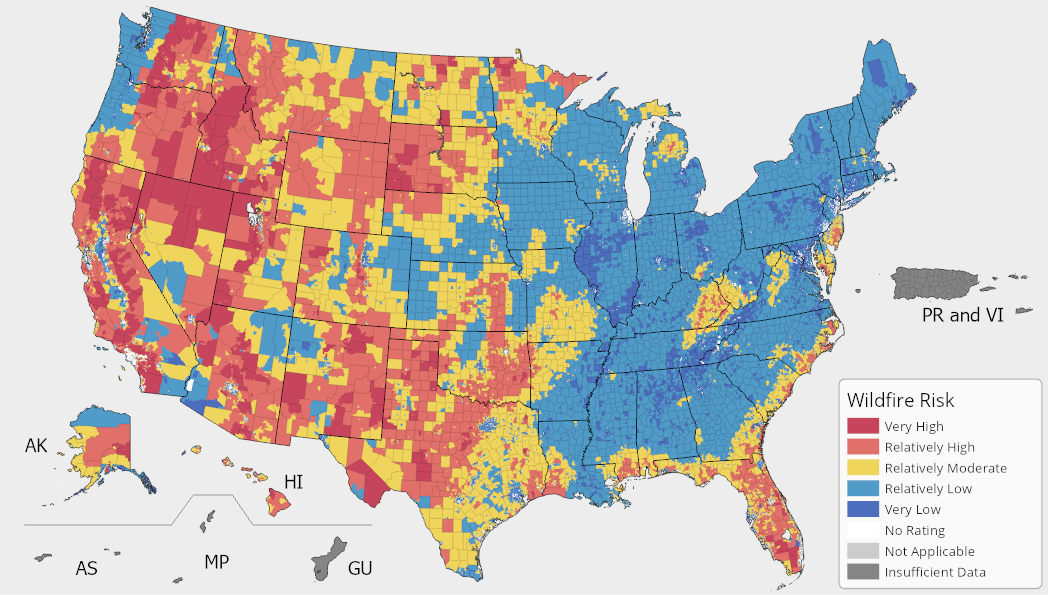 A map of the United States colored by Wildfire Risk Index ratings. Wildfire risk is possible and prevalent across the United States with concentrated risk in western states and Florida. For full results, see the National Risk Index Map webpage.