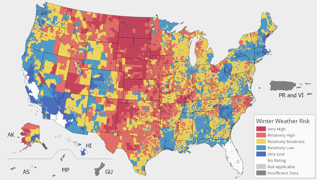 A map of the United States colored by Winter Weather Risk Index ratings. Winter Weather risk is possible and prevalent across the United States with concentrated risk in the northern Midwest. For full results, see the National Risk Index Map webpage.