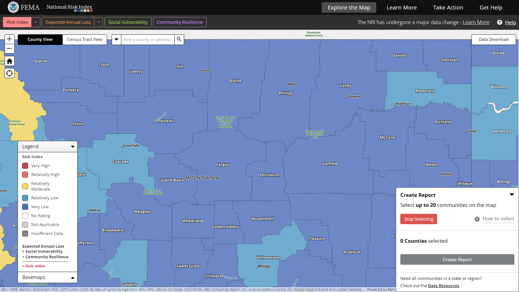 The National Risk Index Map showing the Create Report panel open, prompting to select up to 20 communities on the map. The Stop Selecting button is enabled. The number of counties selected is at 0, and the Create Report button is disabled.