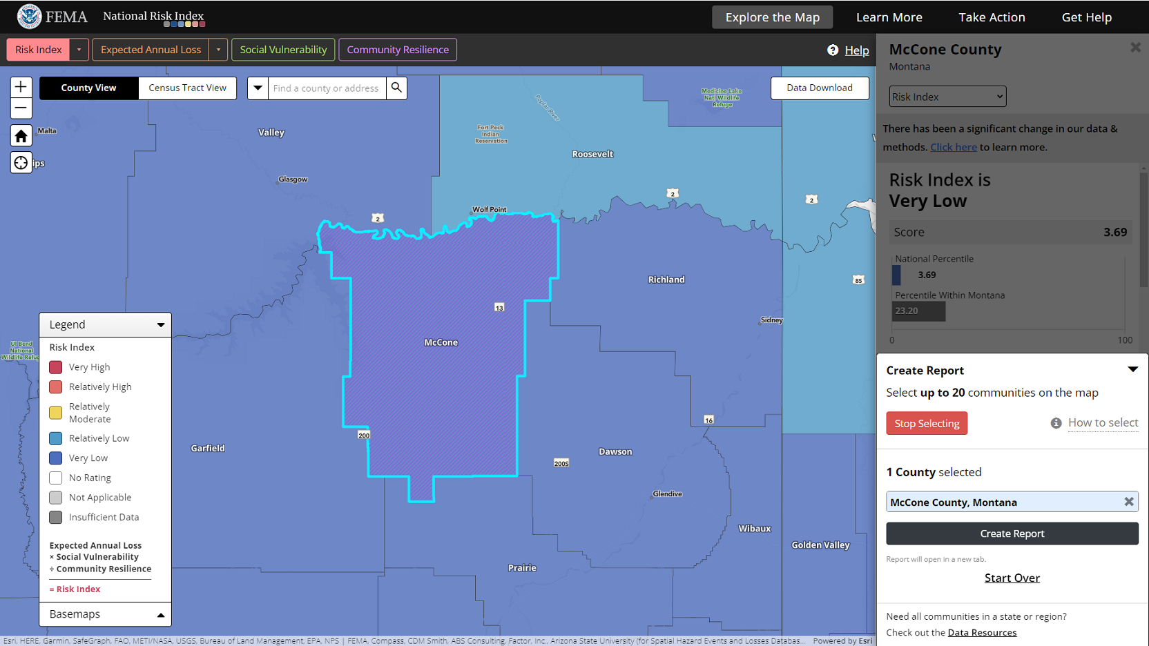 The National Risk Index Map showing the community risk comparison report creation process. A county is selected on the map, highlighted in both a cyan border and magenta crosshatch and listed in the expanded Create Report panel. Community selection mode is on.