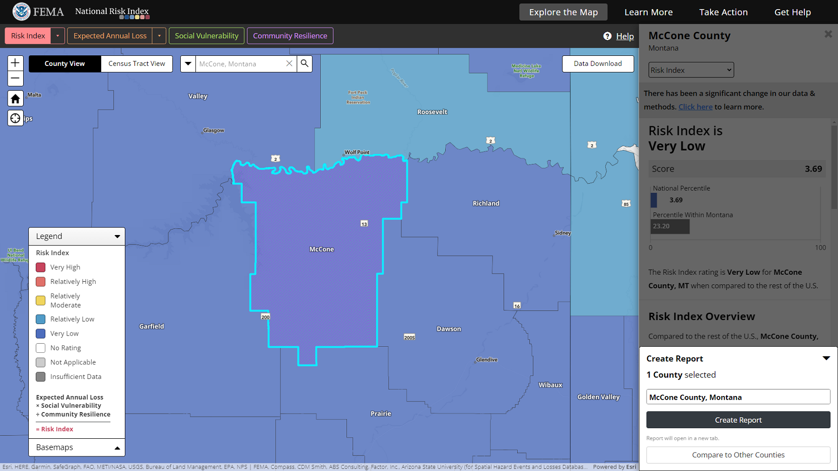 The National Risk Index Map showing the community risk profile report creation process. A county is selected on the map, highlighted with both a cyan border and magenta crosshatch and is listed in the expanded Create Report panel.