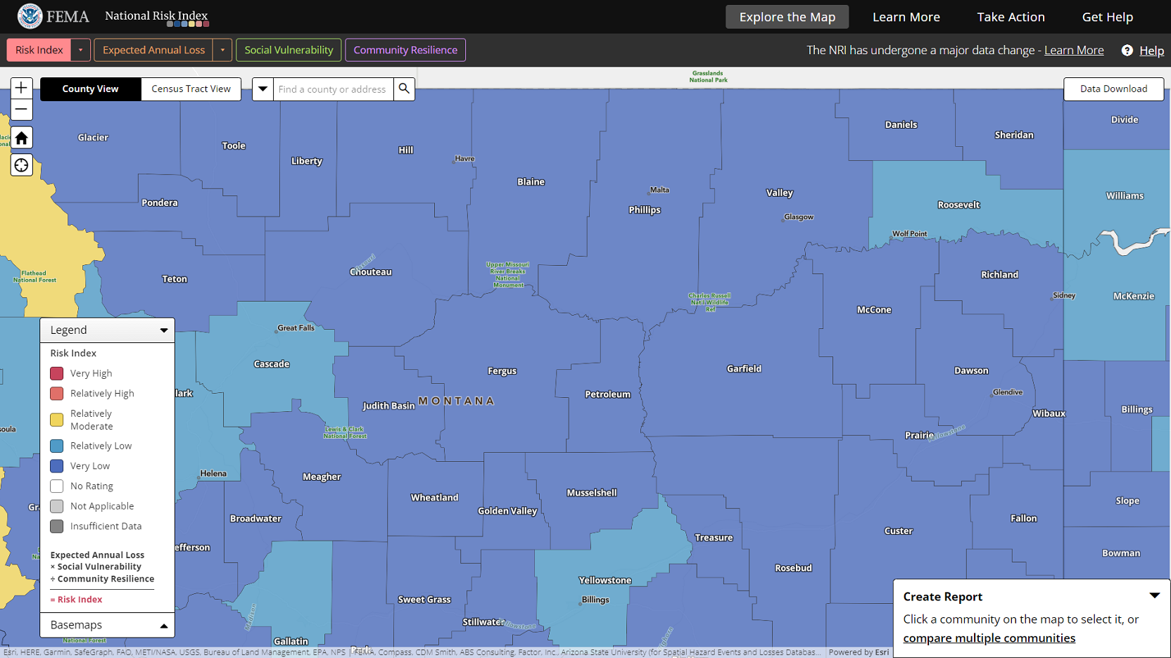 The National Risk Index Map showing the community risk comparison report creation process. The Create Report panel is expanded without any communities selected.