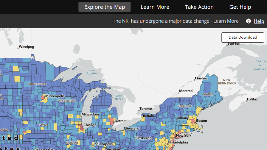 The Data Download button located in the upper-right corner of the National Risk Index Map, with a portion of the northeastern continental United States in view.