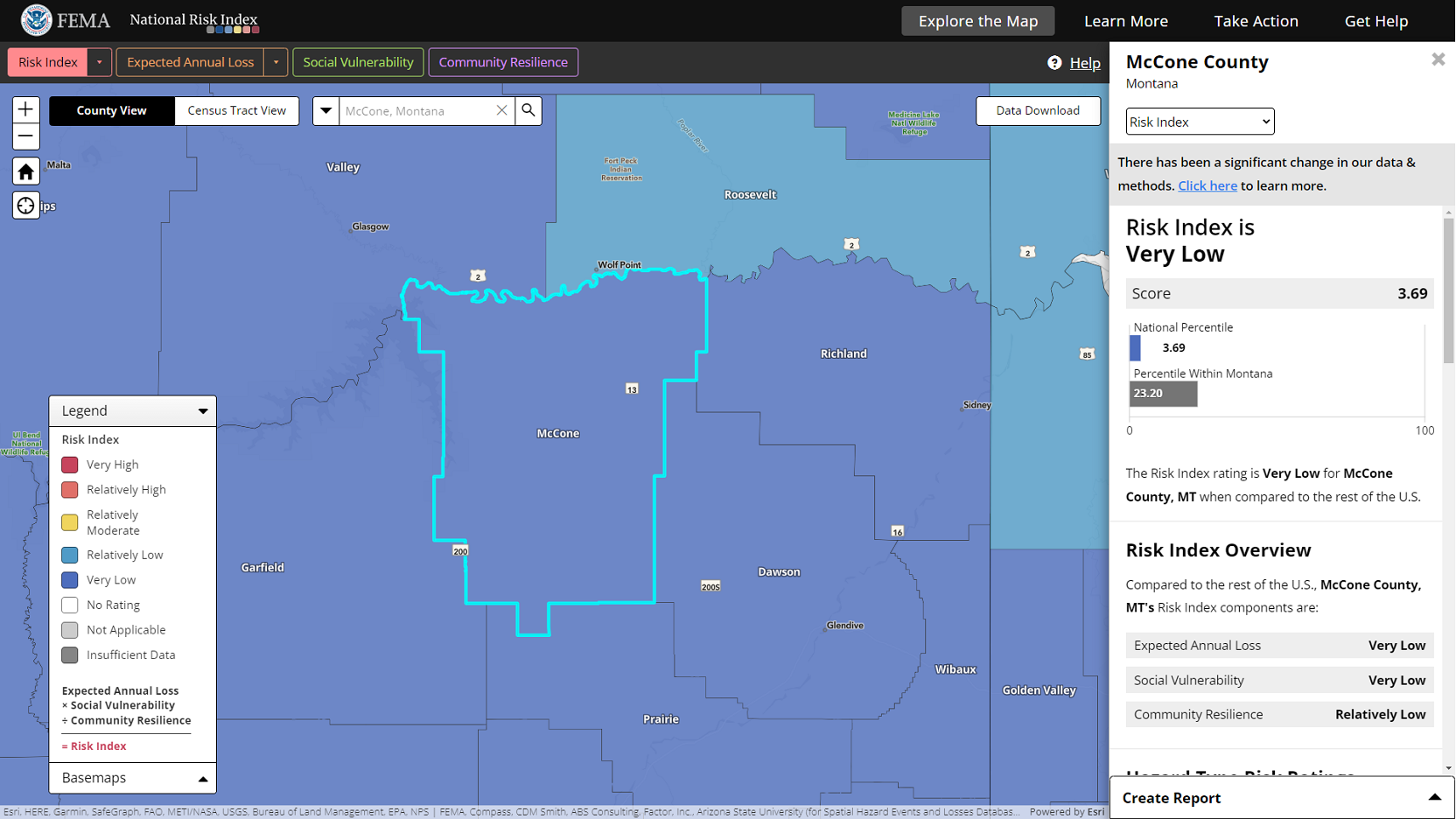 The National Risk Index Map is displaying the composite Risk Index layer. A county is selected and highlighted on the map in a cyan border. The Information Panel is open and displaying Risk Index information for the county.