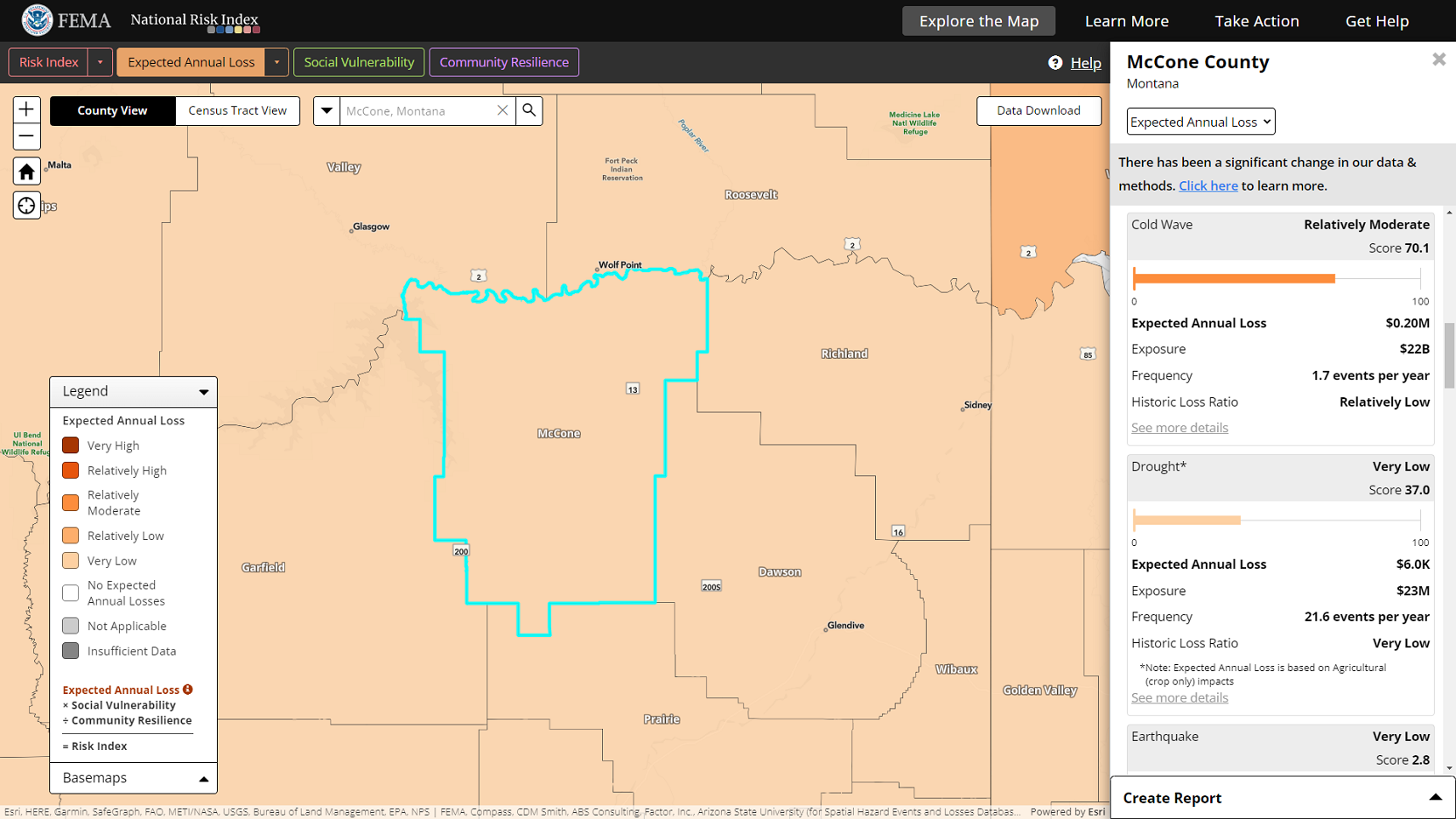 The National Risk Index Map showing the composite Expected Annual Loss layer. A county is selected on the map and highlighted with a cyan border, and the Information Panel is open displaying Expected Annual Loss information for the county.