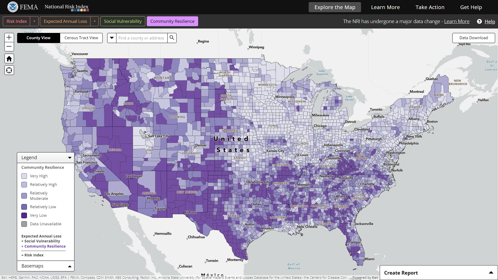 The National Risk Index Map showing the conterminous United States with the Community Resilience layer and Legend. The Legend provides a description of the ratings currently shown in the map, and it highlights how the risk component fits into the Risk Index equation.