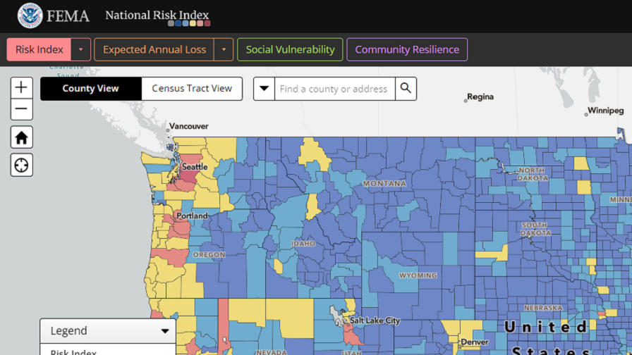 The Navigation features of the National Risk Index Map, including Zoom In and Out buttons, a Zoom to Full Extent button (looks like a house), and a GPS button.